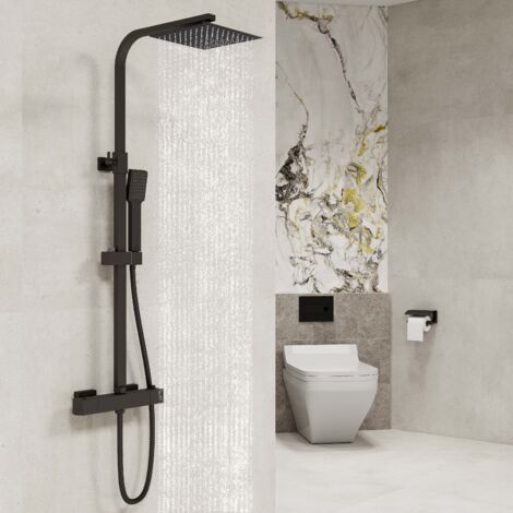 AICA Square Matt Black Thermostatic Mixer Shower Twin Head Rainfall Head Handset Bathroom
