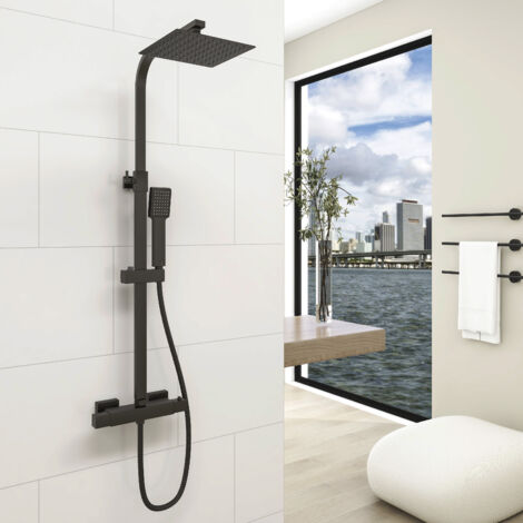 AICA Square Matte Black Twin Head Thermostatic Mixer Shower Set With Shower Head and Handheld