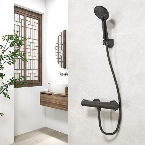 BIUBIUBATH AICA Thermostatic shower mixer rod set with stainless steel hose, large hand shower, height-adjustable shower support, wall-mounted shower column with faucet, black
