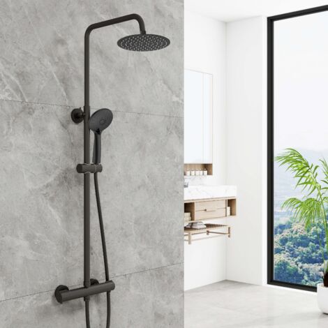 AICA Thermostatic Twin Head Mixer Shower Set Round Bar Matt Black Exposed Valve Twin
