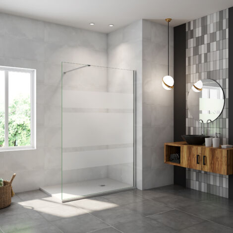 AICA Walk in Duschwand Teilsatinie 6mm NANO ESG 120x190cm Dusche Duschtrennwand Glaswand mit Stabilisator 140cm für 6-8mm Glas W12