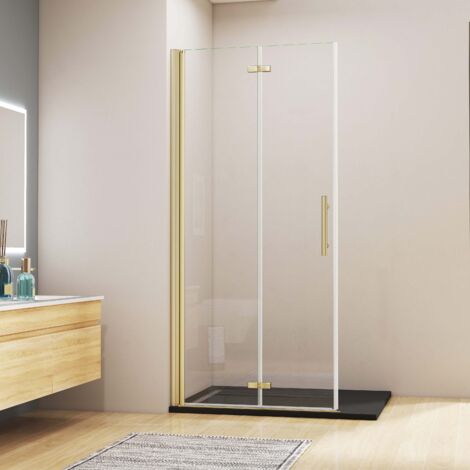AICA Walk-In Gold gebürstet Falttür B.90cm x H.195cm Faltbar/drehbar Duschwand 6mm Nano-ESG Duschkabine