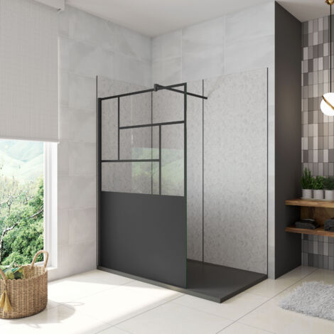 AICA Walkin Mampara Panel de ducha Pantalla Panel Fijo estilo industrial Cristal Antical 8mm con Barra 140cm Perfil Negro Mate,(977-1000)x2000mm