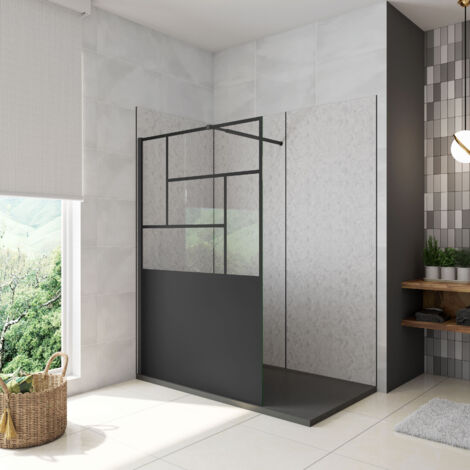AICA Walkin Mampara Panel de ducha Pantalla Panel Fijo estilo industrial Cristal Antical 8mm con Barra 73-120cm Perfil Negro Mate,(877-900)x2000mm
