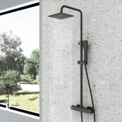 AICAIT Colonna doccia Termostatica, Nera Multifunzione Colonna doccia con soffione quadrato 20x20cm, altezza regolabile 73-117cm