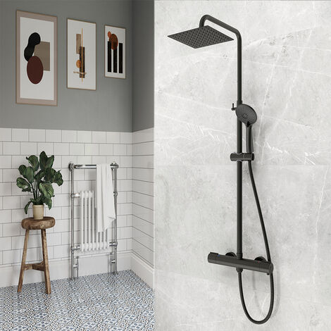 AICAIT Soffione doccia quadrato 20x20cm con doccetta a 3 getti, colonne doccia termostatiche con rubinetto 40mm, nero opaco