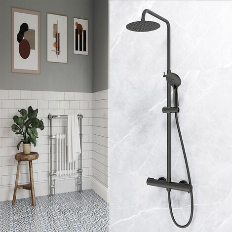 AICAIT Soffione doccia rontondo 20cm con doccetta a 3 getti, colonne doccia termostatiche con rubinetto 40mm, nero opaco