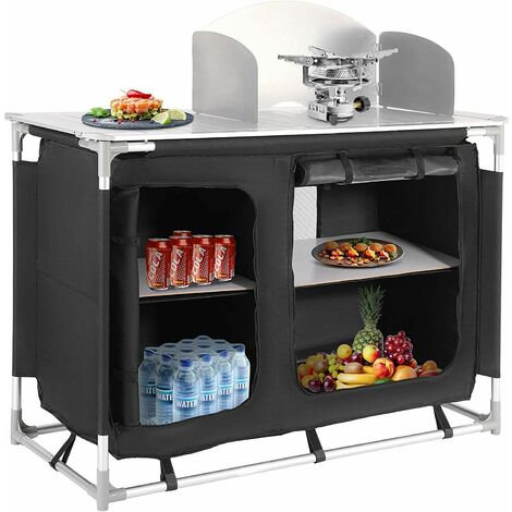 AICOK spaire Cuisine de Camping en MDF et Aluminium 122 x 54 x 117 cm, Mobilier de Camping Portable avec Protection Contre Le Vent, Compartiment de Rangement et Sac Portable, Facile à Nettoyer, Léger