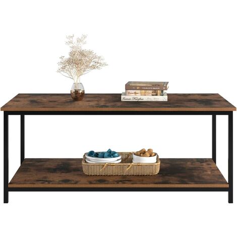 AICOK Table Basse, Table de Salon, Style Industriel, 2 Étagère Table de Canapé en Bois et Cadre Fer108×52×45cm Marron Rustique et Noir