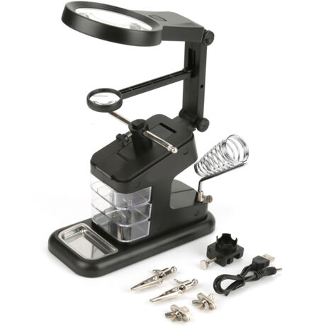 Aide à souder troisième main avec loupe et support pour fer à souder 10 LED Loupe et support pour fer à souder Aide à souder avec 3 loupes23 x 21 x 10cm Noir
