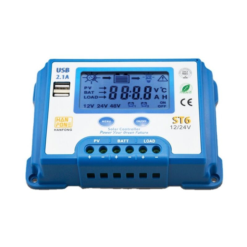 10A Régulateur de Charge Solaire 12V/24V Contrôleur de Charge Solaire avec Écran lcd et Double Port usb pour Batterie de Panneaux Solaires - ST6-10A