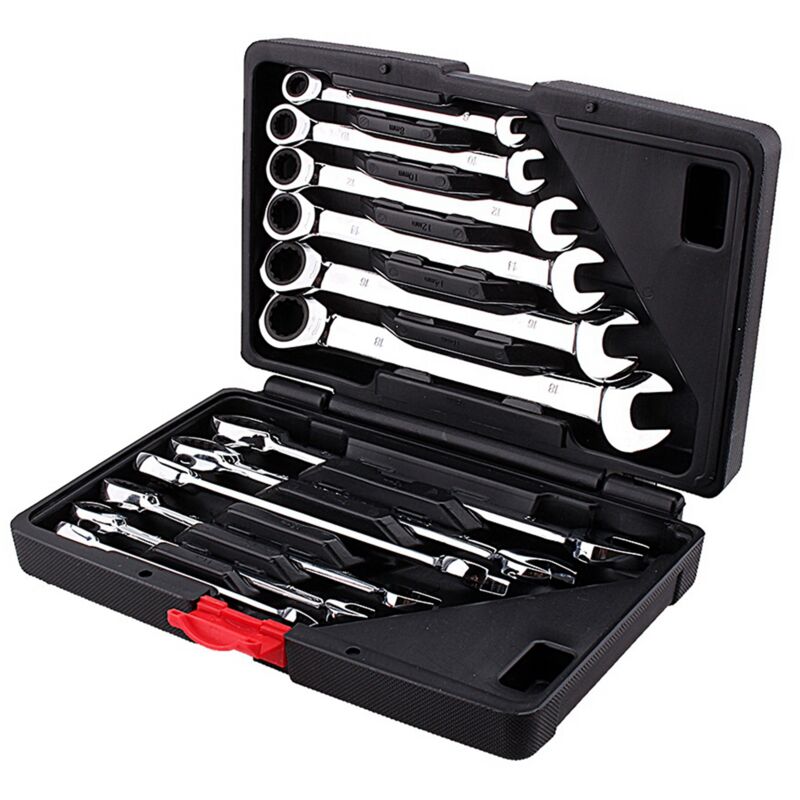 AIDUCHO 12 Pièces Clé à cliquet Kit d'outils 8–19mm Clé Mixte Professionelle Clé à Cliquet Cle Plate a Cliquet avec Valise à Outils, Angle de retour
