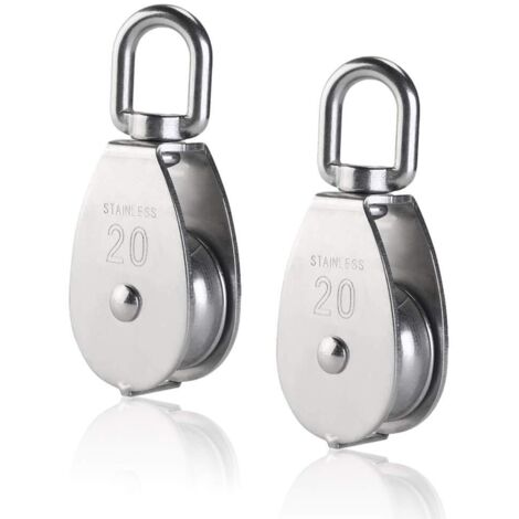 AIDUCHO 2 Pièces M20 Poulie Simple en Acier Inoxydable 304, 20mm Seul Poulies Bloc Rouleau,Grue Pivot Crochet Lisse Fil Corde Câble Chargement 77lbs/35Kg