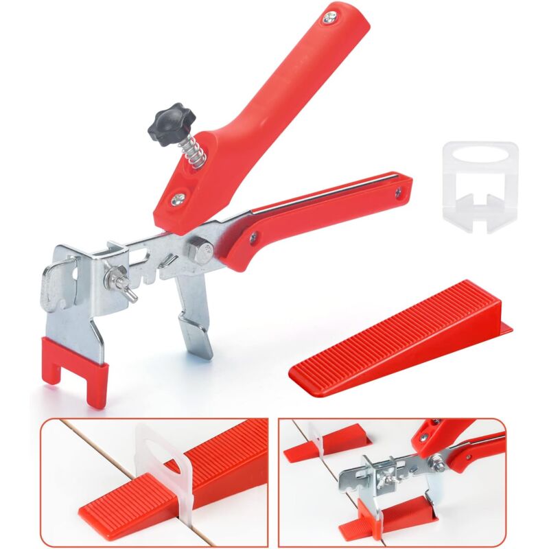 2,0 mm Kit d'aide à la pose de carrelage, Kit de Nivellement pour Carrelage avec 1 Pince, 400 Clips(2,0 mm), 100 Cales Réutilisable pour la Pose de