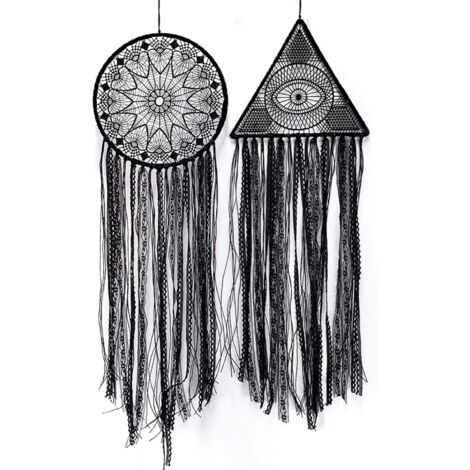 AIDUCHO 2PCS Attrape-rêves, Décor de pépinière fait à la main pour filles garçons, Attrape-rêves en plumes à LED décorations murales ornements artisanat Noir (Rond+Triangle)