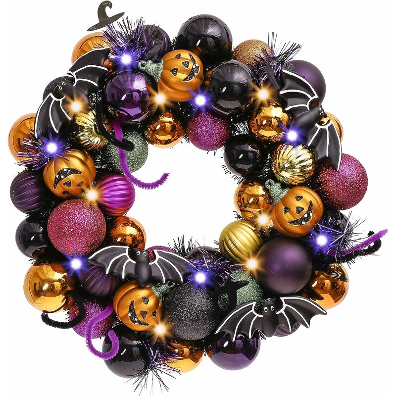 30CM Couronne d'halloween Veille,Shatterproof Halloween Bauble Ornaments,Décoration de Lumières d'halloween pour Porte d'entrée,Décoration