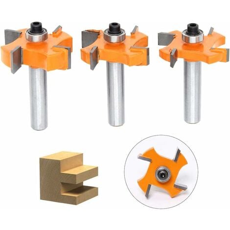 AIDUCHO 3Pcs Fraise à rainurer et languette, 4 boules de lame 8 mm Shank T - Fraise en forme de bois, Outils de travail du bois pour portes, tables, étagères, murs et plus