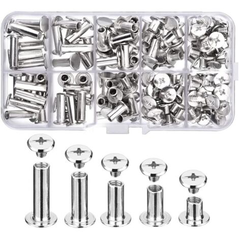 AIDUCHO 80 Jeux de Vis Chicago 5 Tailles 6 10 12 15 18Mm Vis de Reliure Goujons Rivets, pour Cuir, Reliure, Album, Bricolage