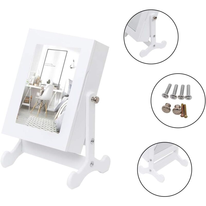 Armoire à Bijoux Avec Miroir, Organisateur De Bijoux Sur Pieds, Verrouillable, Avec Miroir Inclinable, Blanc-22x14x30cm - Aiducho