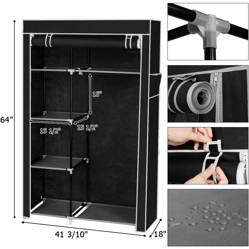 Armoire Chambre Armoire de Rangement Dressing Chambre Penderie Tissu Garde Robe Portable pour Chambre D'adulte Noir 105x44x103cm - Aiducho
