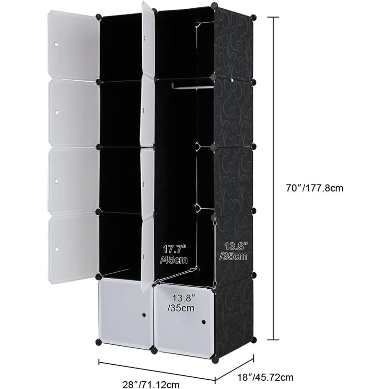 Armoire de Rangement Portable, Étagère de Rangement 10 Cubes 70x45x177cm, avec Tige Suspendue et Portes, pour Vêtements Chaussures Accessoires - Noir
