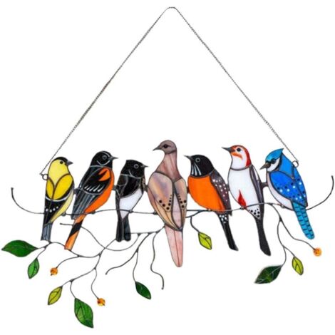 AIDUCHO Attrape-Soleil En Vitrail Pour Fenêtres, 7 Oiseaux Dans Un Panneau De Vitrail - Ornements Artistiques À Suspendre Pour Fenêtres, Portes, Jardin, Décoration D'intérieur