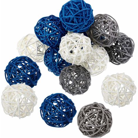 AIDUCHO Boule en rotin, 15 pièces 2 pouces boule en osier boule décorative orbes vase remplisseurs bleu lac + gris + blanc