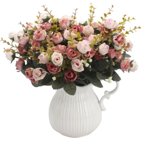 AIDUCHO Bouquet Artificiel Avec Roses Artificielles, 7 Tiges, 21 Fleurs, Fleurs En Soie, Idéal Comme Décoration 2 Pièces De Café Rose