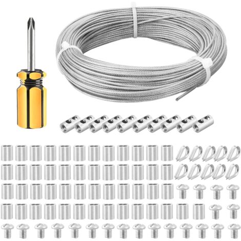 AIDUCHO Câble inox, 50m Câble acier inoxydable avec boucle de sertissage en aluminium, fil de suspension revêtu de vinyle 304, noyau de brin 7x7 pour accrocher des images, corde à linge, pêche