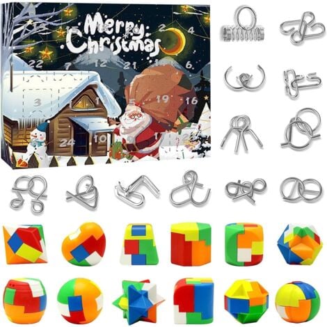 AIDUCHO Calendrier de l'avent Enfant 2024, 24pcs Calendrier de l'avent Casse Tete, Compte à Rebours de Noël Casse-tête Puzzles en Métal Plastique, Petits Jouet Éducatif Calendrier Avent pour Enfants A