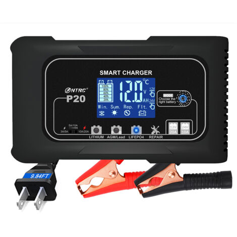 AIDUCHO Chargeur Batterie Voitures 12v/24v 20a, Chargeur Batterie Auto Et Moto Rapide Intelligent, Maintien Désulfateur Pour Batteries Au Lithium, Lifepo4, Plomb (Agm, Efb, Gel, Mf, Vrla)