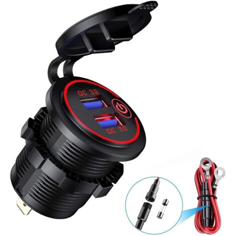 AIDUCHO Chargeur Usb Qc 3.0 Pour Moto, Prise Usb De Voiture Étanche 12 V/24 V Avec Interrupteur Et Led, Pour Voitures, Motos, Bus, Remorques, Bateaux Rouge