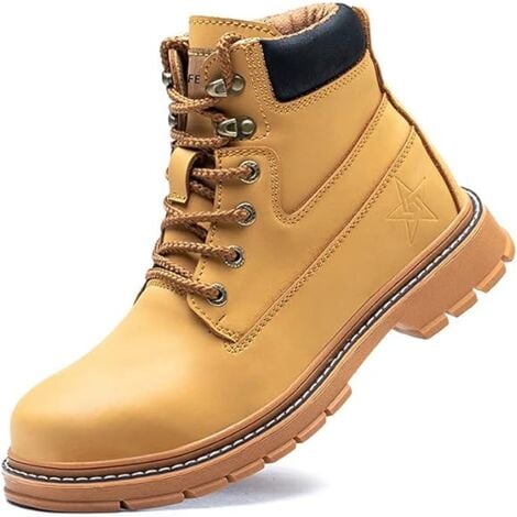 AIDUCHO Chaussure De Securite Homme Femmes Bottes De Travail Cuir Imperméables Legere Embout En Acier Bottes De Sécurité Indestructible Protection Jaune Noir 42