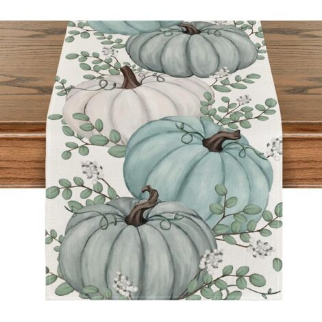 AIDUCHO Chemin de Table Automne, Chemin de Table Moderne Lin Citrouilles Nappe Bleue Lavable pour la Décoration de Table à Manger Intérieur et Extérieur Thanksgiving Halloween Décor 33x180cm