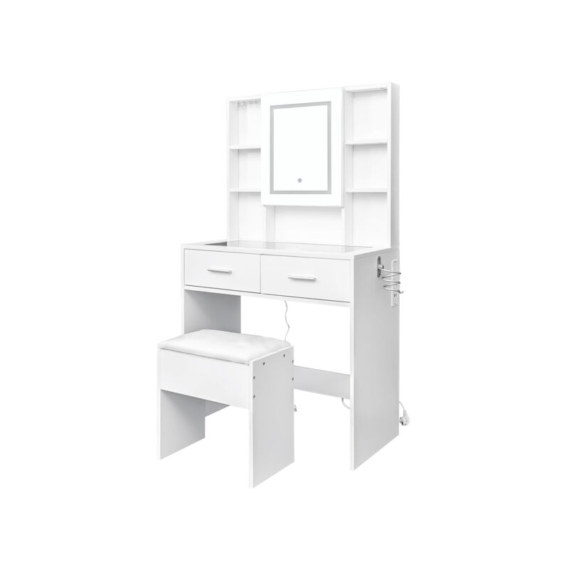 AIDUCHO Coiffeuse, Grand Miroir LED, 2 tiroirs, 4 étagères, miroir tactile LED tricolore à intensité variable, avec multiprise, support pour