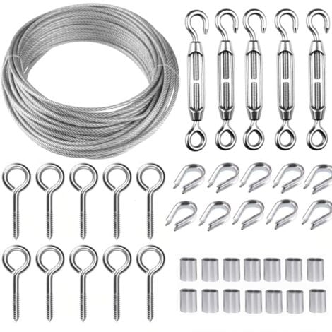 AIDUCHO Corde en Acier Inoxydable à Suspendre Kit,30M/2mm Câble en Acier Inoxydable Revêtu avec M5 Tendeurs de Fil,Kit Cable Metallique 2mm pour Plantes Grimpante,Outdoor Suspension,Corde a linge
