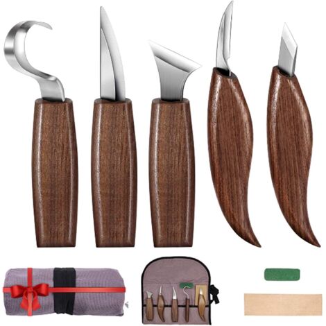 AIDUCHO Ensemble d'outils de kits de sculpture sur bois 7 en 1 pour débutants, outil de crochet, outil en bois, outil de grain, outil oblique, outil de coupe pour cuillère, bol, tasse et menuiserie gé