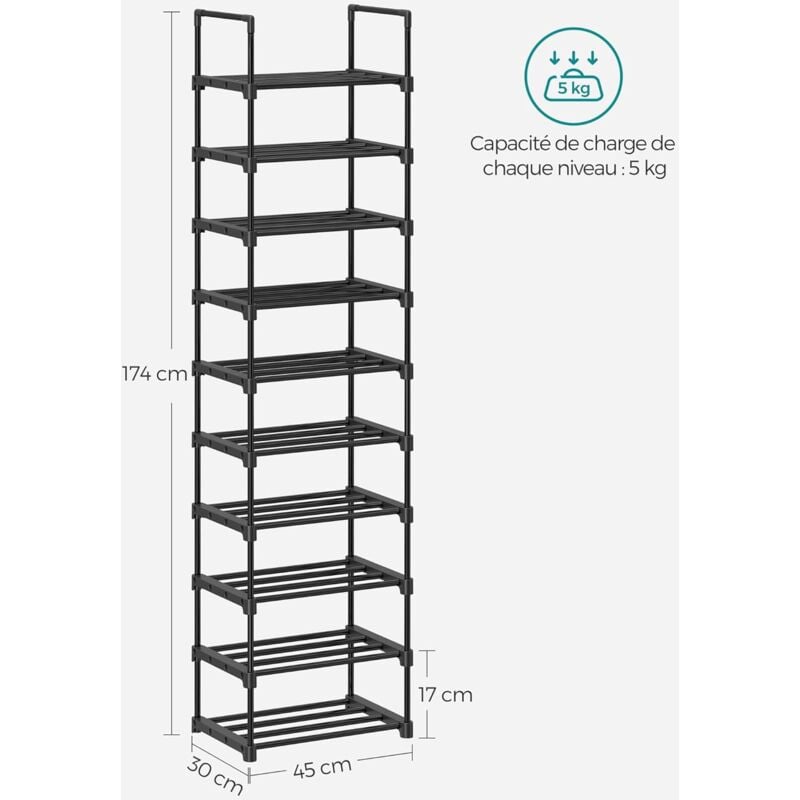 Aiducho - tagère à Chaussures 10 Niveaux, Porte-Chaussures Haut, Support à Chaussures Fin, Rangement Chaussures, en Métal, Gain de Place, Dressing,
