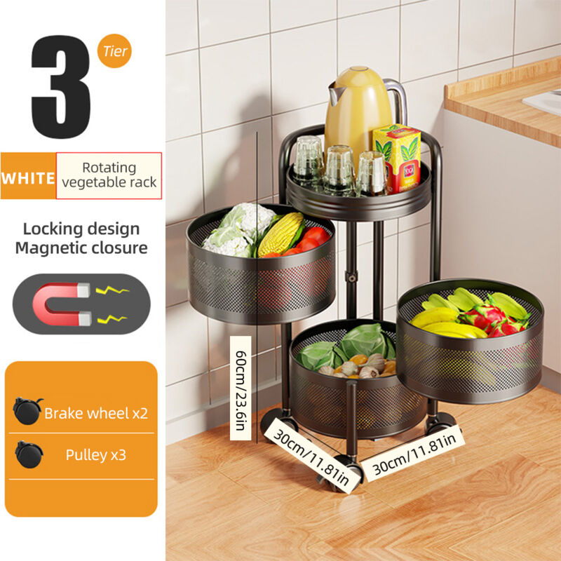 Aiducho - tagère de rangement rotative à 3 niveaux pour légumes de cuisine, étagère à fruits, chariot de rangement sur roulettes avec maille creuse,