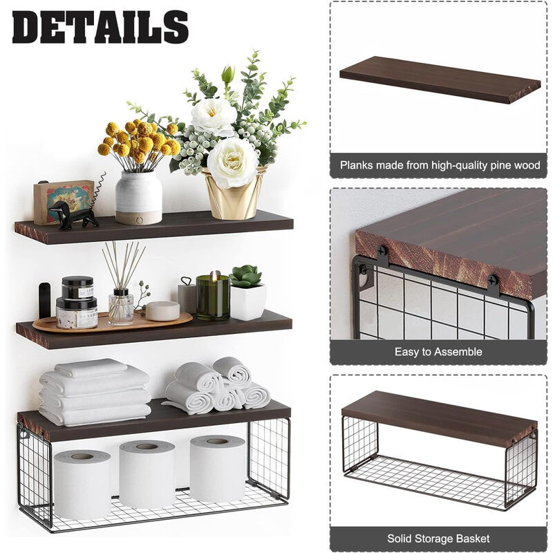 Aiducho - tagères Flottantes En Bois Avec Panier Métallique, Étagère Murale, Étagère à Épices, Étagère Suspendue Pour Salle De Bain, Chambre, Salon,