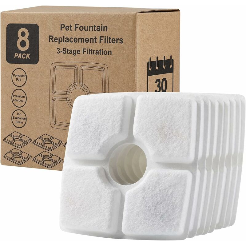 Filtres pour Fontaine a Chat, Carré 12cm, Filtration Triple, Lot de 8 Filtres de Rechange pour Fontaine à Eau pour Chat Chien - Filtre à Eau Potable