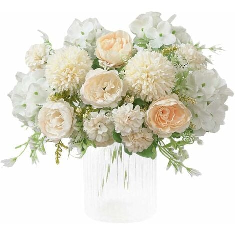 AIDUCHO Fleurs artificielles, faux bouquet de pivoine en soie hortensia décor oeillets en plastique arrangements floraux réalistes décoration de mariage centres de table 2 paquets champagne blanc
