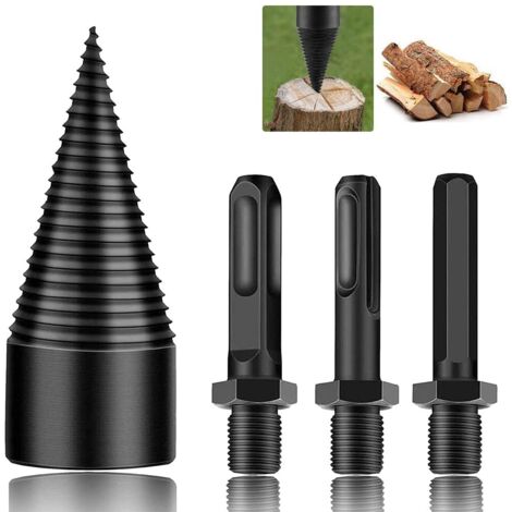 AIDUCHO Foret De Fendage De Bois 42mm Fendeur De Buche, Foret Conique, Durable Outil De Broyage De Bois De Cône De Vis De Fendage Avec 3 Poignées De Forage, Carré/Rond/Hexagonal