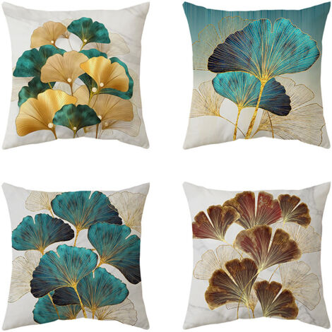 AIDUCHO Housse De Coussin 45x45 Turquoise Et Or Taies D'oreiller En Coton Coussins De Canapé Décoratifs Lot De 4 Ginkgo Dorées Housses De Coussin Décoratives Moderne-Ginkgo Bleu Sarcelle Et Or