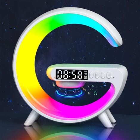 AIDUCHO Lampe de Table Intelligente, Lampe D'ambiance Avec Chargeur Sans Fil, Haut-parleur Bluetooth, Veilleuse à Intensité Variable Avec Synchronisation de la Musique,（Mini Modèle,Blanc)