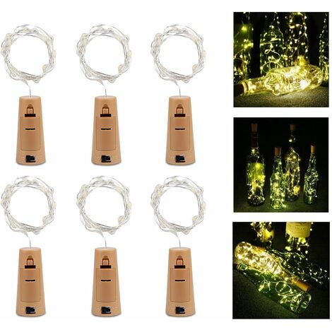AIDUCHO Led Bouteille Lumière 6 Pièces, Lumière 20 Led 100cm Chaîne Lumineuse Blanche Chaude Fil De Cuivre À Piles Bouteille De Vin Lumières Avec Guirlande De Liège Pour La Décoration De Bricolage Fêt