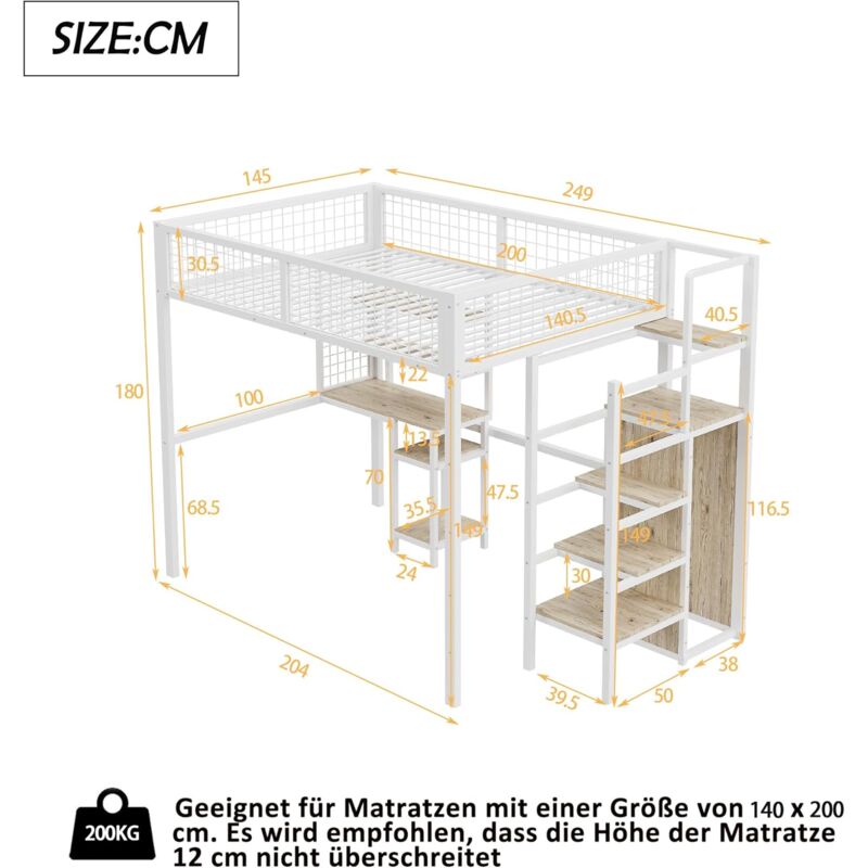 Lit Mezzanine 140x200cm, Lit Enfant Avec Échelle De Sécurité, Avec Structure En Fer Et Armoire + Bureau D'ordinateur, Blanc - Aiducho