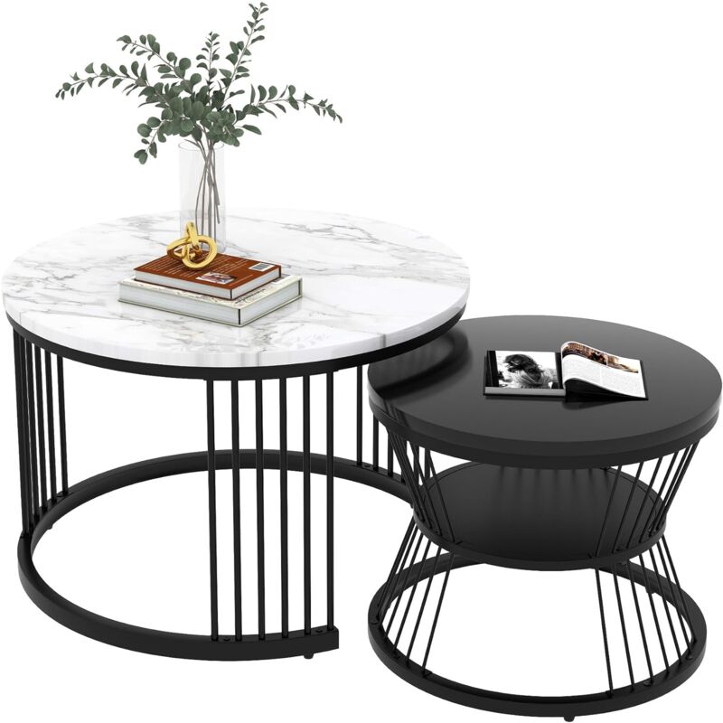 aiducho - lot de 2 tables basses rondes modernes avec structure en marbre brillant pour salon, salle de réception, balcon et bureau, structure en