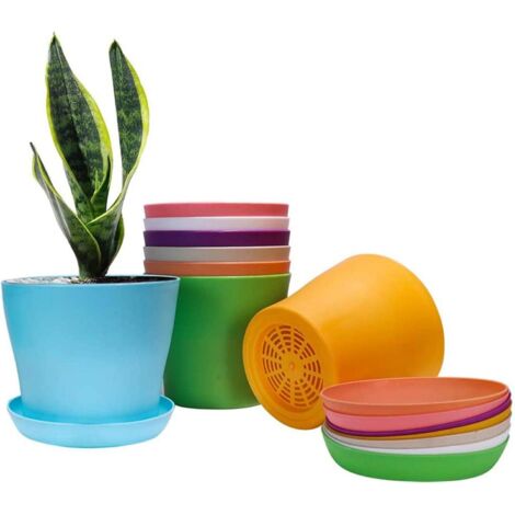 AIDUCHO Lot De 8 Pots De Fleurs Colorés En Plastique Avec Bacs À Goutte, Soucoupes, Coupes, Coupelles Pratiques Pour Semis De Fleurs, Pots De Fleurs Pour Chambre D'enfant, Pour L'intérieur Et L'extéri