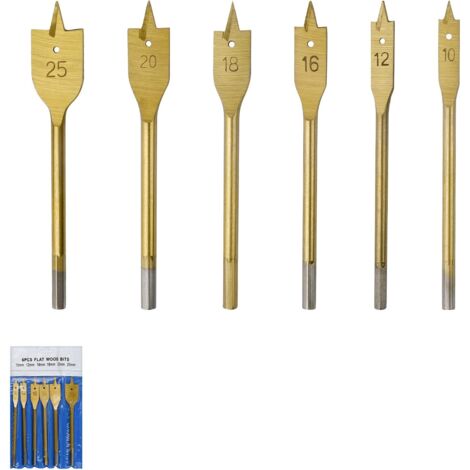 AIDUCHO Mèche Plate Bois, Ensemble de 6 Forets à Bois de 10 à 25 mm, Mèches Plates en Acier au Carbone de Qualité, Convient pour le Perçage du Bois